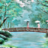 Tableau parc au Japon sous la neige, vert, blanc, peinture figurative par Meryl