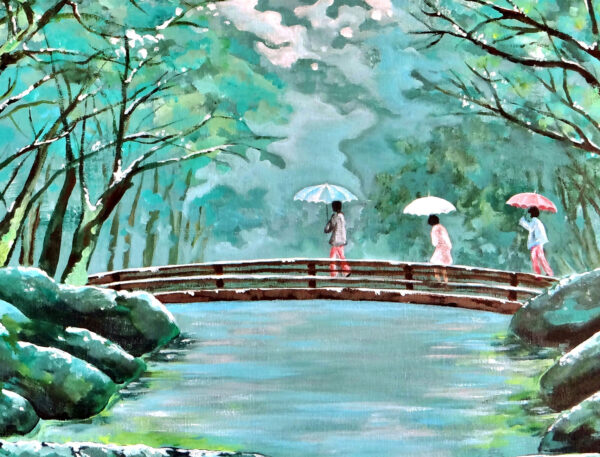 Tableau parc au Japon sous la neige, vert, blanc, peinture figurative par Meryl