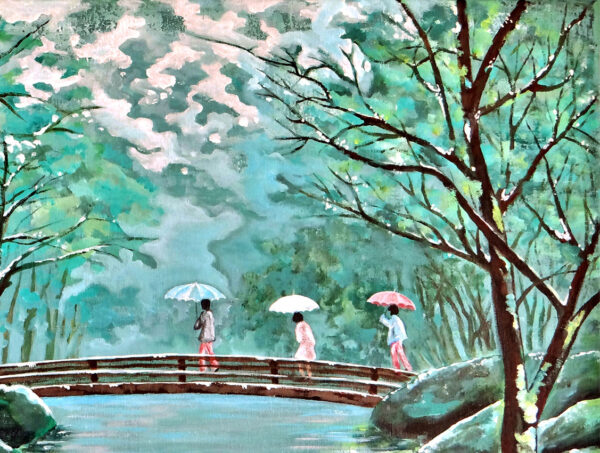 Détail, Peinture parc japonais tout début de printemps flocons de neige, acrylique sur toile