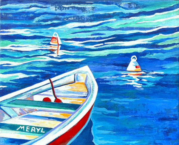 Collection Petits formats, acrylique sur toile, barque en Méditerranée, par Meryl artiste peintre