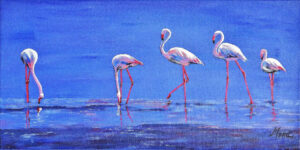 Les flamants roses Peinture de flamants roses en bordure de lagune, blanc, rose, bleu, acrylique par Meryl artiste peintre