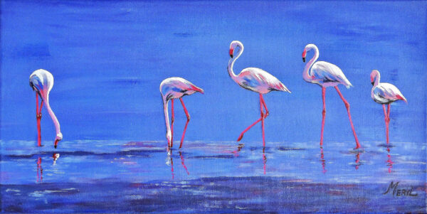Peinture de flamants roses en bordure de lagune, blanc, rose, bleu, acrylique par Meryl artiste peintre