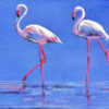 Tableau figuratif, les flamants rose dans la lague, gros plan, par Meryl