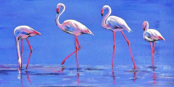 Tableau figuratif, les flamants rose dans la lague, gros plan, par Meryl