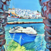 Peinture figurative, barque à Mykonos, acrylique sur toile, par Meryl Artiste Peintre