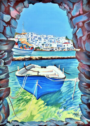 Port de Mykonos Peinture figurative, barque à Mykonos, acrylique sur toile, par Meryl Artiste Peintre