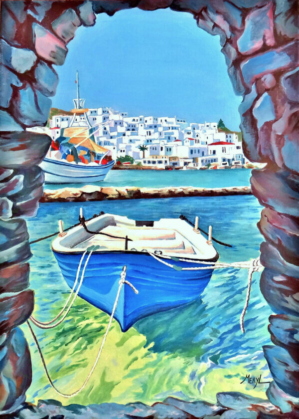 Peinture figurative, barque à Mykonos, acrylique sur toile, par Meryl Artiste Peintre