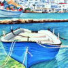 Détail d'une peinture, Barque bleue dans le port de Mykonos en Grèce, par Meryl artiste peintre