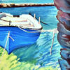 Détail, Barque bleue dans le port de Mykonos en Grèce, peinture par Meryl artiste peintre