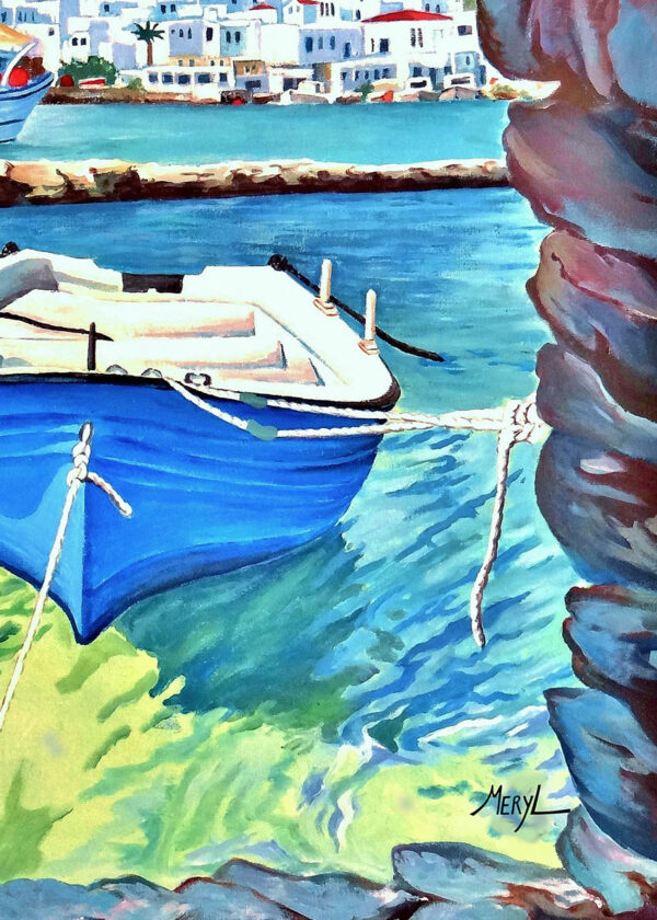 Détail, Barque bleue dans le port de Mykonos en Grèce, peinture par Meryl artiste peintre