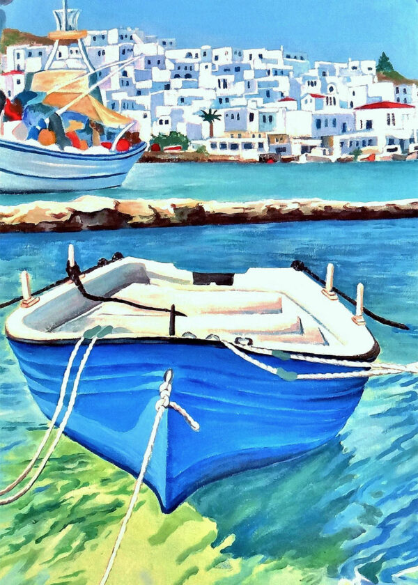 Détail d'une peinture, Barque bleue dans le port de Mykonos en Grèce, par Meryl artiste peintre