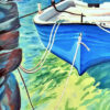 peinture, Barque bleue dans le port de Mykonos en Grèce, Détail, par Meryl artiste peintre