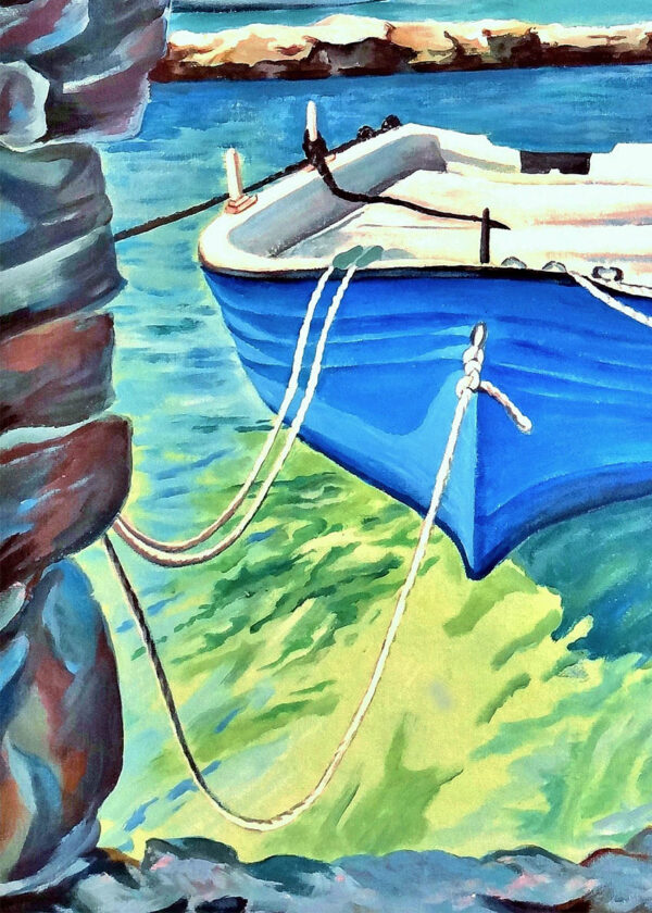 peinture, Barque bleue dans le port de Mykonos en Grèce, Détail, par Meryl artiste peintre