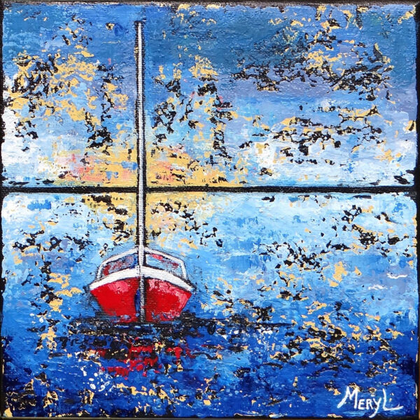 Peinture figurative, Soleil couchant, voilier rouge sur la mer par Meryl artiste peintre