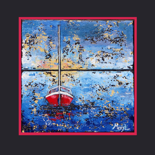 Peinture, Soleil couchant avec un encadrement, voilier rouge sur la mer