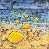 Tableau acrylique sur toile, bouées jaunes sur la plage, par Meryl artiste peintre