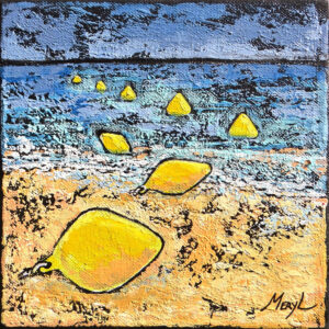 Tableau acrylique sur toile, bouées jaunes sur la plage, par Meryl artiste peintre