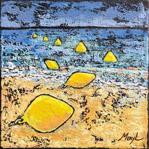 Tableau acrylique sur toile, bouées jaunes sur la plage, par Meryl artiste peintre