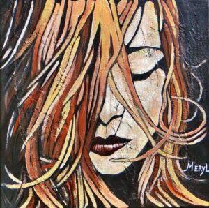 Spleen Peinture figurative, orange et brun, portrait Spleen, acrylique sur toile, par Meryl Artiste peintre