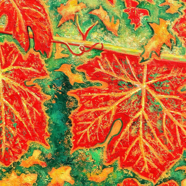 Tableau feuilles de vigne, orange vert, acrylique figurative par Meryl