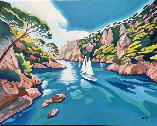 Tableau figuratif voilier dans l'Estérel ocre rouge et turquoise, huile sur toile par Meryl Artiste peintre