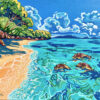 Tableau figuratif plage de Porquerolles turquoise vert sable, huile sur toile par Meryl Artiste peintre