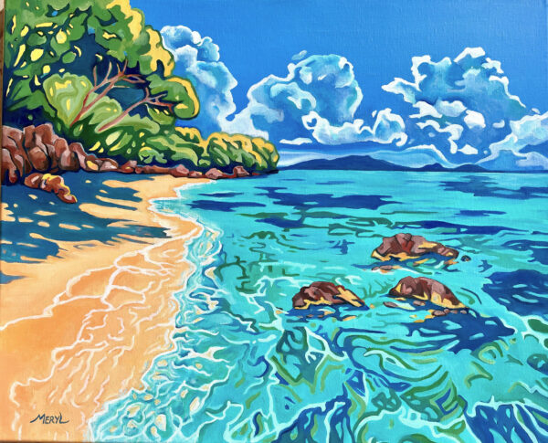 Tableau figuratif plage de Porquerolles turquoise vert sable, huile sur toile par Meryl Artiste peintre