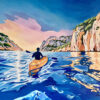 Peinture figurative, kayak sur la mer, bleu et ocre, huile sur toile, par Meryl