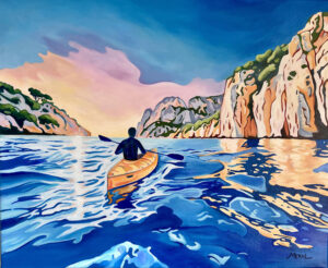 Peinture figurative, kayak sur la mer, bleu et ocre, huile sur toile, par Meryl