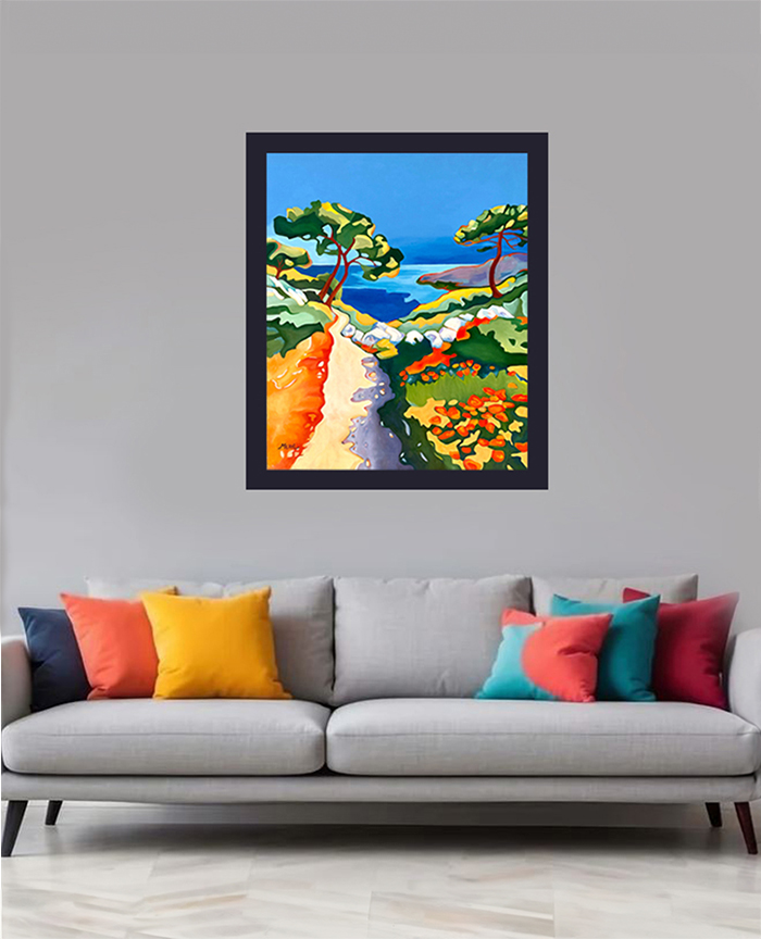 Tableau contemporain Promenade côtière accroché dans un salon lumineux par Meryl artiste peintre