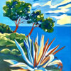 Peinture figurative Agave en bord de mer - bleu, jaune et rouge, huile sur toile, par Meryl Artiste Peintre