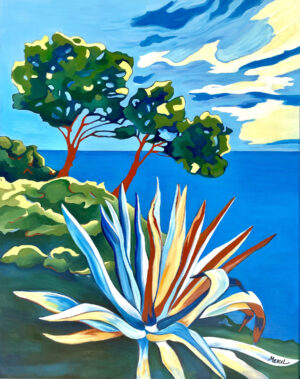 Peinture figurative Agave en bord de mer - bleu, jaune et rouge, huile sur toile, par Meryl Artiste Peintre