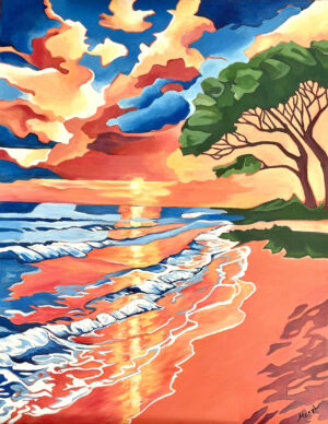 Peinture figurative, coucher de soleil, orangé et or, acrylique sur toile, par Meryl Artiste Peintre