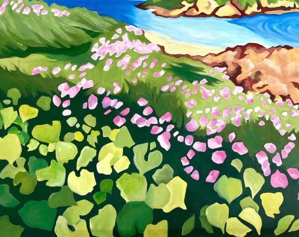 Rivage enchanté - Détail Détail peinture à l'huile, fleurs et feuillages, premier plan