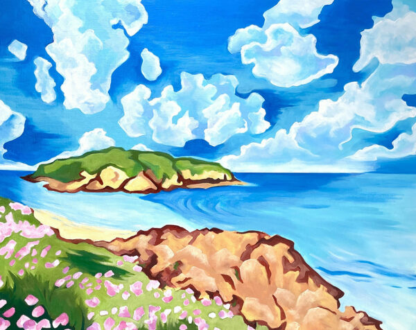 Rivage enchanté - Détail Détail du tableau à l'huile sur toile Rivage enchanté, gros plan sur l'îlot encadré de nuages blancs