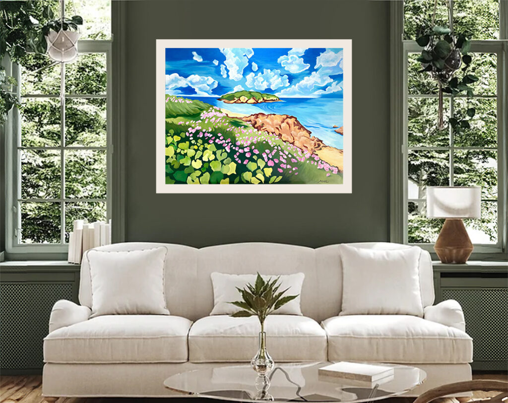 Rivage enchanté en Méditerranée, tableau accroché dans un salon moderne