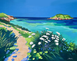 Tableau figuratif Ile des Embiez dans le Var, turquoise, acrylique sur toile par Meryl Artiste peintre