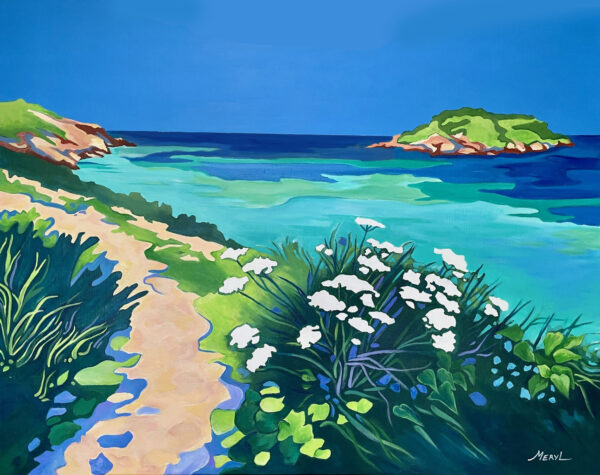 Tableau figuratif Ile des Embiez dans le Var, turquoise, acrylique sur toile par Meryl Artiste peintre