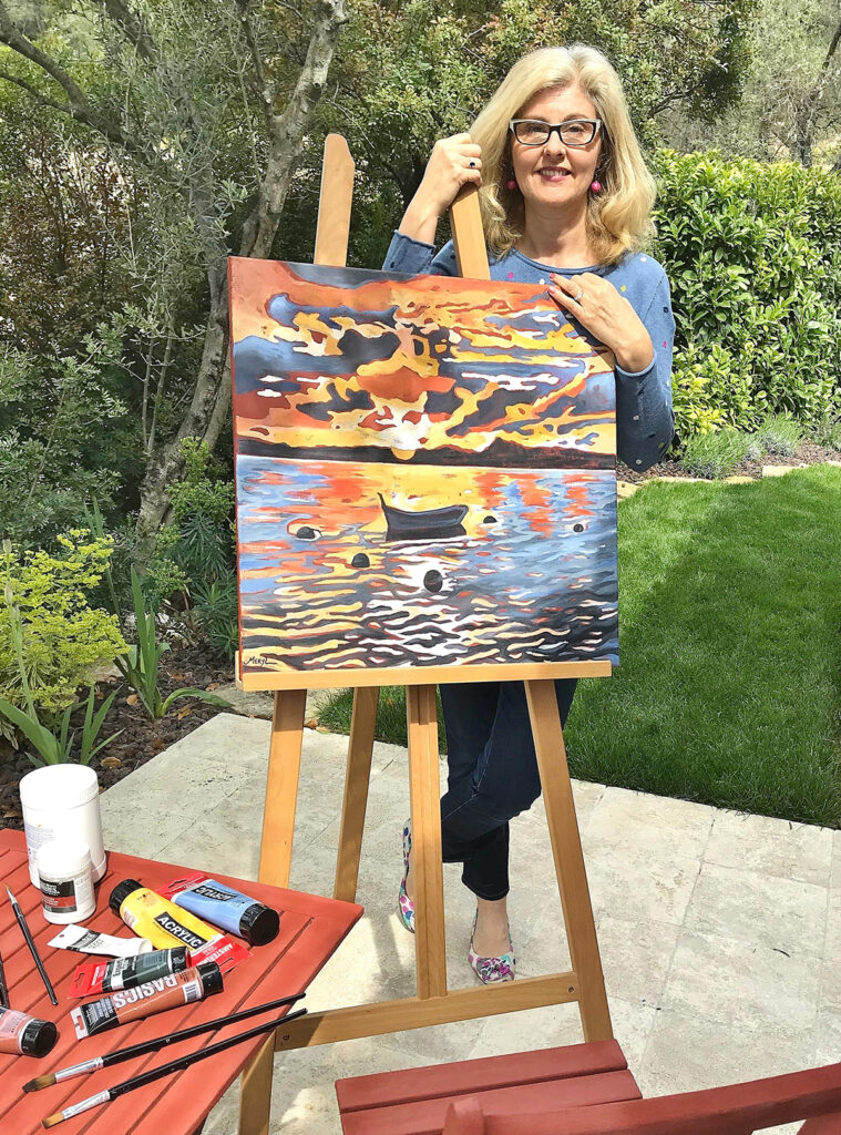 Peinture d'une barque au coucher du soleil haut en couleurs, par Meryl artiste peintre