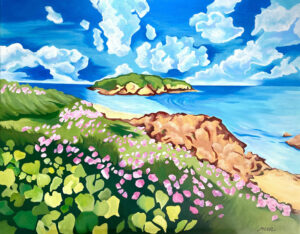 Rivage méditerranéen tapissé de fleurs sauvages, peinture originale huile sur toile par Meryl artiste peintre