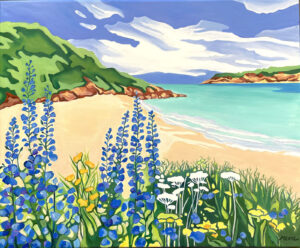 Tableau original, Fleurs au printemps sur un rivage méditerranéen - bleu, huile sur lin, par Meryl artiste peintre