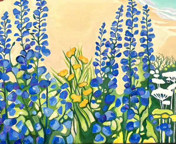 Détail de la peinture Le printemps du littoral méditerranéen, tableau original peint à l'huile, par Meryl