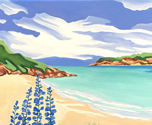 Détail de la peinture Le printemps du littoral, premier plan lupins et fleurs, oeuvre originale peinte à l'huile, par Meryl