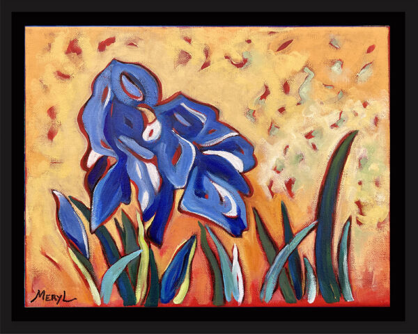 Peinture encadrée d'un iris bleu sous le soleil, petit format, par Meryl artiste peintre
