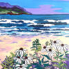 Détail des fleurs en premier plan et de l'écume sur la plage, en Méditerranée par Meryl artiste peintre