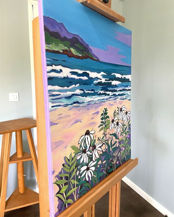 Vue de côté du tableau Les fleurs du grand bleu en Méditerranée - bord de mer par Meryl artiste peintre