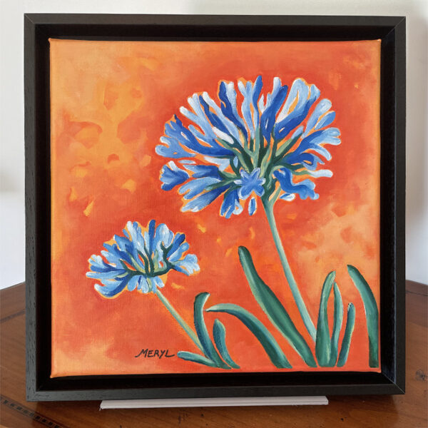 Série Petits formats, tableau encadré de deux agapanthes bleues sur fond orange, acrylique sur toile par Meryl artiste peintre