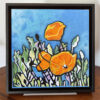 Petit format, fleurs de pavots, orange, bleu, acrylique sur toile encadrée, peinture par Meryl artiste peintre