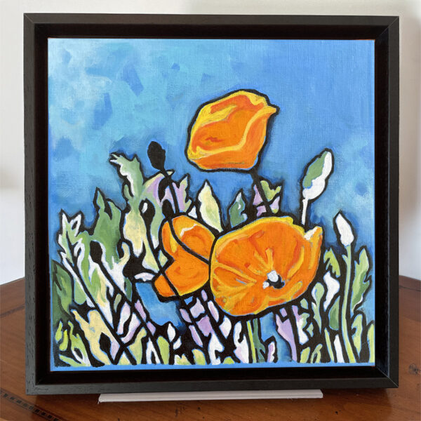 Petit format, fleurs de pavots, orange, bleu, acrylique sur toile encadrée, peinture par Meryl artiste peintre
