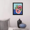 Mise en situation du tableau Dialogue floral, deux anémones aux couleurs roses sur fonds bleus, réalisée à l'huile, par Meryl